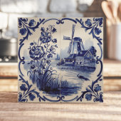 Traditionele Delfts Windmolen en Bloemen Tegeltje