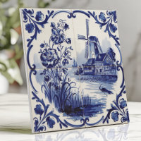 Traditionele Delftsblauwe Windmolen en Bloemen