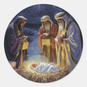Traditionele Drie Wijzen Kerststal Ronde Sticker