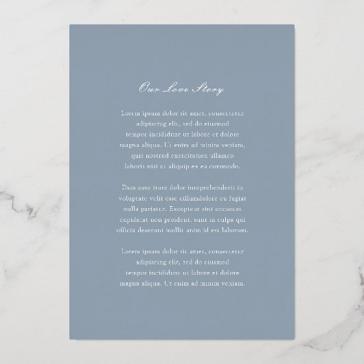 Traditionele Dusty Blue Timeless Wedding Folie Uitnodiging (Achterkant)