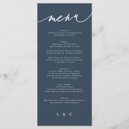 Traditionele Elegant Navy Blue White Monogram Menu (Voorkant)