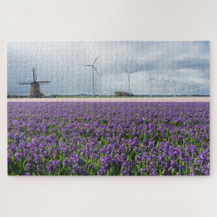 Traditionele en moderne windmolens met bloemen legpuzzel