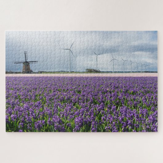 Traditionele en moderne windmolens met bloemen legpuzzel (Horizontaal)