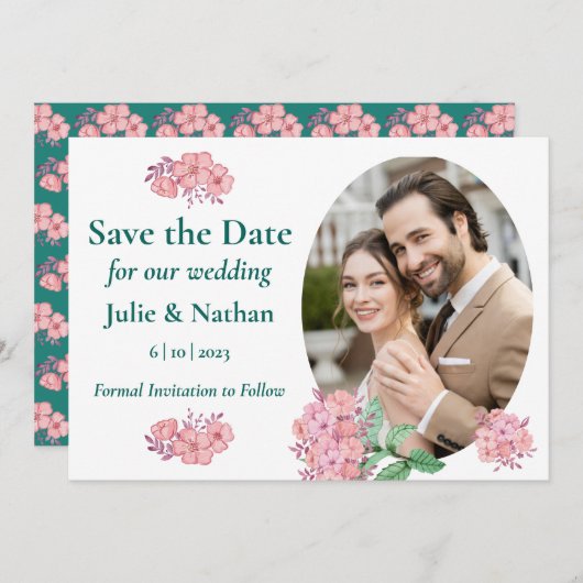 Traditionele Floral Design Flat Save the Date Kaar (Voorkant / Achterkant)