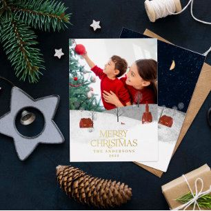 Traditionele foto-elegante wintersneeuwkie folie feestdagenkaart