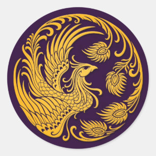 Traditionele gele Phoenix Cirkel op Paars Ronde Sticker