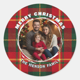 Traditionele gepersonaliseerde gezinsfoto plaid ronde sticker