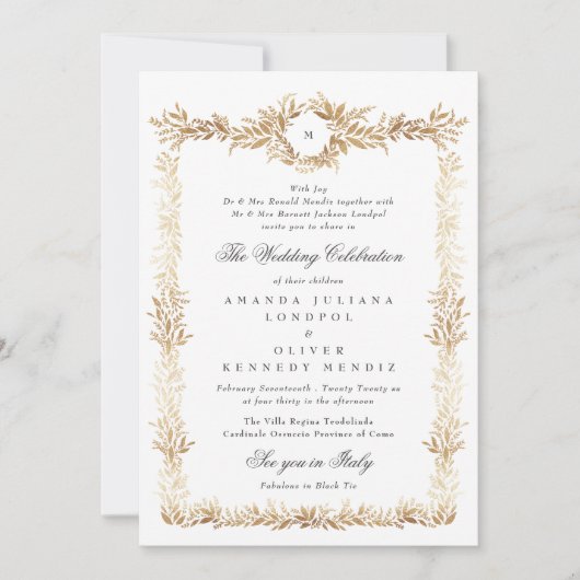 Traditionele gouden botanische lijst monogram brui kaart (Voorkant)