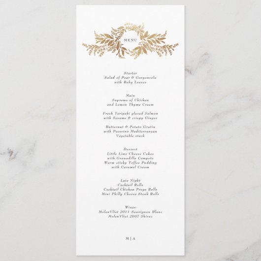 traditionele gouden krans monogram bruiloft menu (Voorkant)