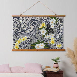 Traditionele Hawaïaanse tapa en plumeria Hangend Wandkleed