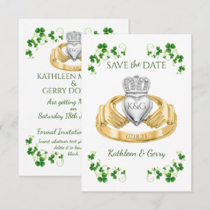 Traditionele Ierse Claddagh Ring en Shamrocks Save The Date
