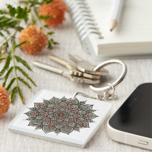 Traditionele Indiase Mandala kunst in zwart en roo Sleutelhanger