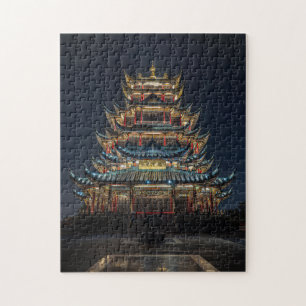 Traditionele Japanse gebouwen lichten het Night Sk Legpuzzel