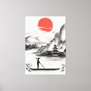 Traditionele Japanse inkt landschap sereniteit kun Canvas Afdruk