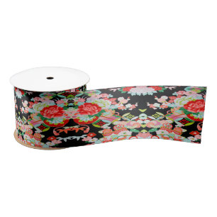 Traditionele Japanse Kimono Bloemen Zwart Rood Lint