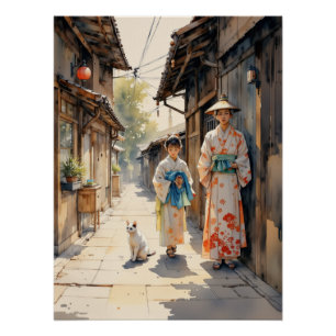 Traditionele Japanse Kimono Scene Street Art Perfect Poster