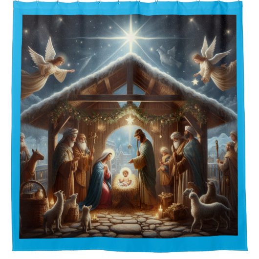 Traditionele kerststal douchegordijn (Voorkant)