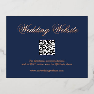 Traditionele Marine Blauwe QR Code Trouwruimte Folie Uitnodiging Briefkaart