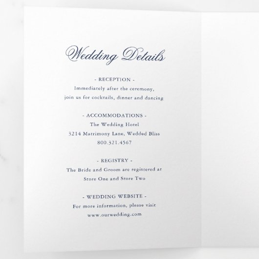 Traditionele marineblauw formele elegante bruiloft drieluik uitnodiging (Binnenzijde eerst)