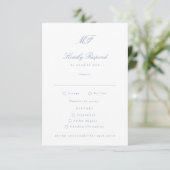 Traditionele Monogram Classic Dusty Blue Wedding RSVP Kaartje (Staand voorkant)