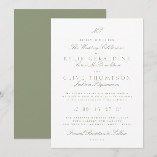 Traditionele Monogram Classic Sage Green Wedding Kaart (Voorkant / Achterkant)