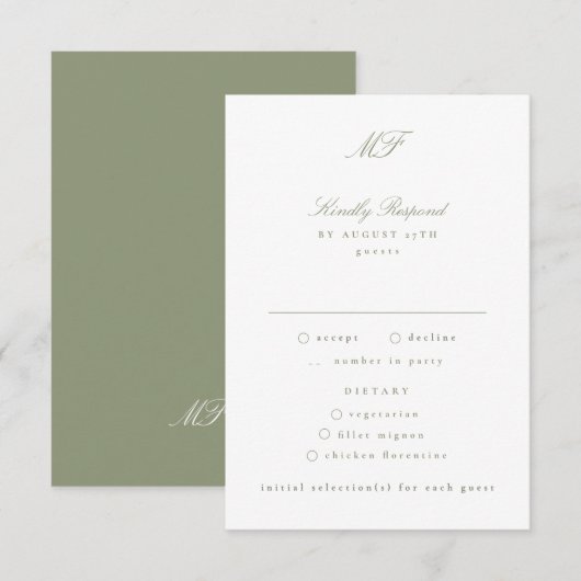 Traditionele Monogram Classic Sage Green Wedding RSVP Kaartje (Voorkant / Achterkant)