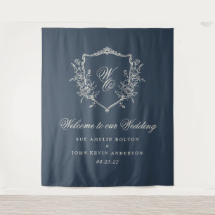 Traditionele Monogram Crest Navy Blue Wedding Wandkleed