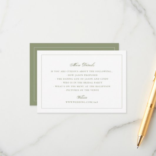 Traditionele mosgroene trouwwebsite informatiekaartje (Voorkant / Achterkant in situ)