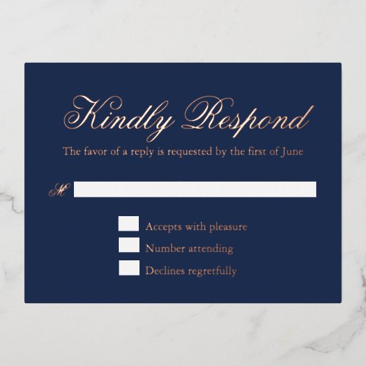 Traditionele Navy Blue Wedding Folie RSVP Card Folie Uitnodiging Briefkaart (Voorkant)