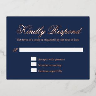 Traditionele Navy Blue Wedding Folie RSVP Card Uitnodiging Briefkaart