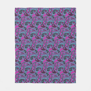 Traditionele Paisley Linocut Vivid Pink Dusky Blue Fleece Deken
