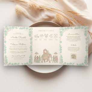 Traditionele Pastel Olifant Baraat Indiase Trouwda Drieluik Uitnodiging