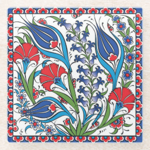 Traditionele rood blauwe bloem Turkse Ottomaanse I Glazen Onderzetter