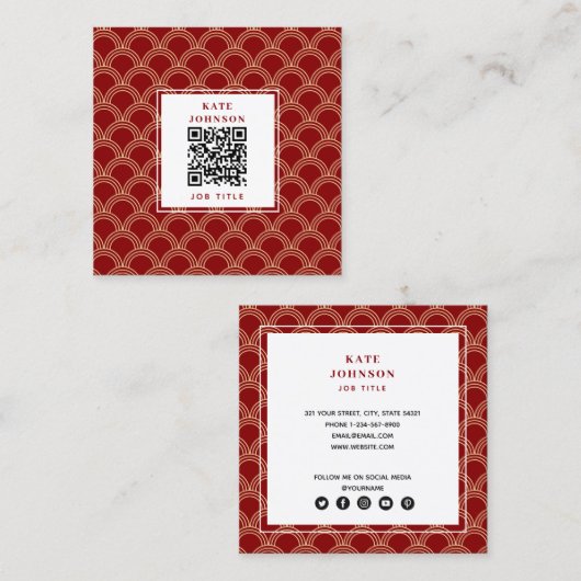 Traditionele Rood- en Goud-Chinese PatroonQR-code Vierkante Visitekaartje (Voorkant / Achterkant)