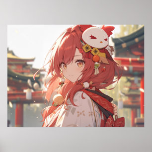 Traditionele roodharige anime meisje bij tempel poster