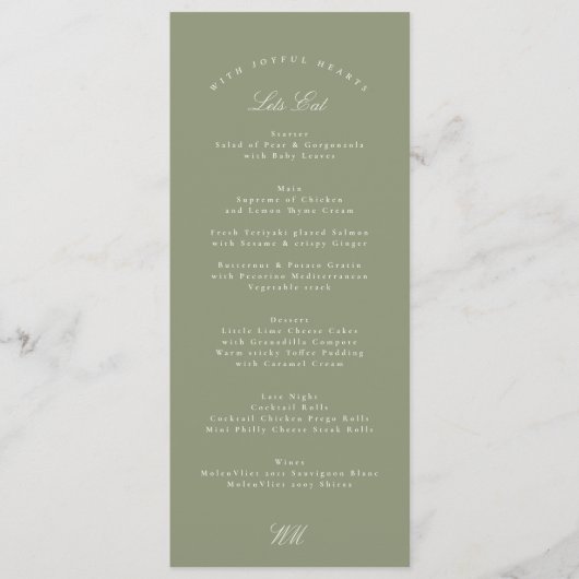 Traditionele Sage Green Calligraphy bruiloft Menu (Voorkant)