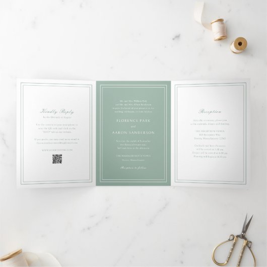 Traditionele Sage Green QR Code Tijdloze bruiloft Drieluik Uitnodiging (Binnen)