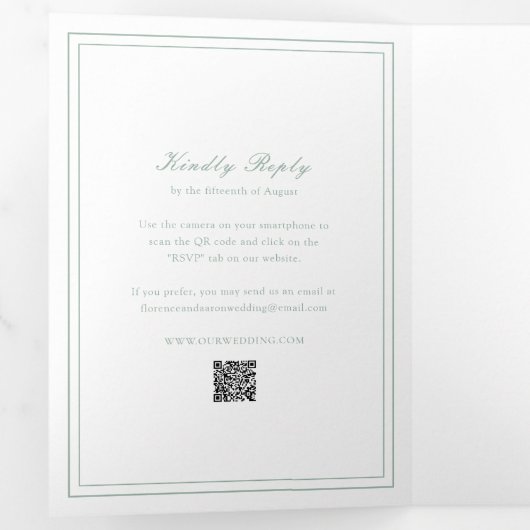 Traditionele Sage Green QR Code Tijdloze bruiloft Drieluik Uitnodiging (Binnenzijde eerst)