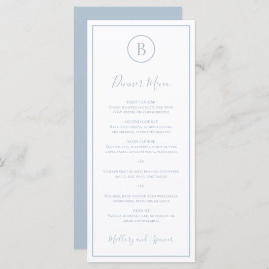 Traditionele stoffige blauwe elegante bruiloft menu (Voorkant / Achterkant)