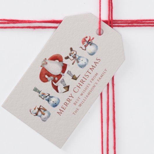 Traditionele waterverf santa sneeuwpoppen kerst cadeaulabel