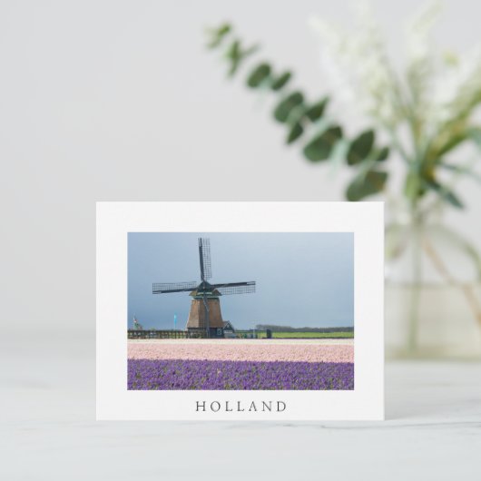 Traditionele windmolen met roze en paarse bloemen briefkaart (Staand voorkant)