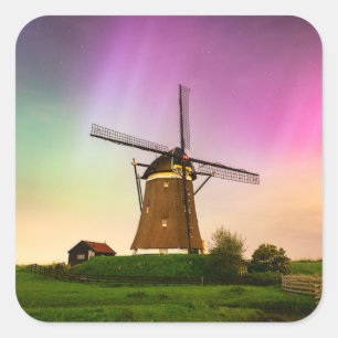 Traditionele windmolen onder het Noorderlicht Vierkante Sticker