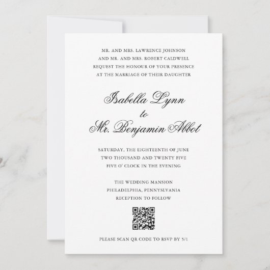Traditionele zwart-wit QR Code bruiloft Kaart (Voorkant)