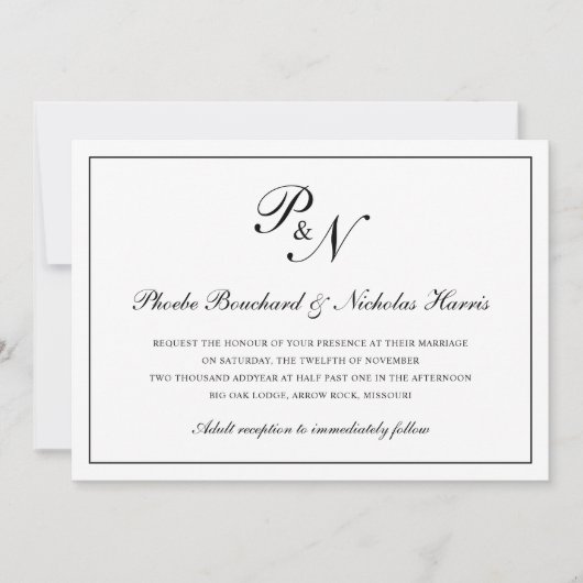 Traditionele zwarte witte monogram Formele bruilof Kaart (Voorkant)