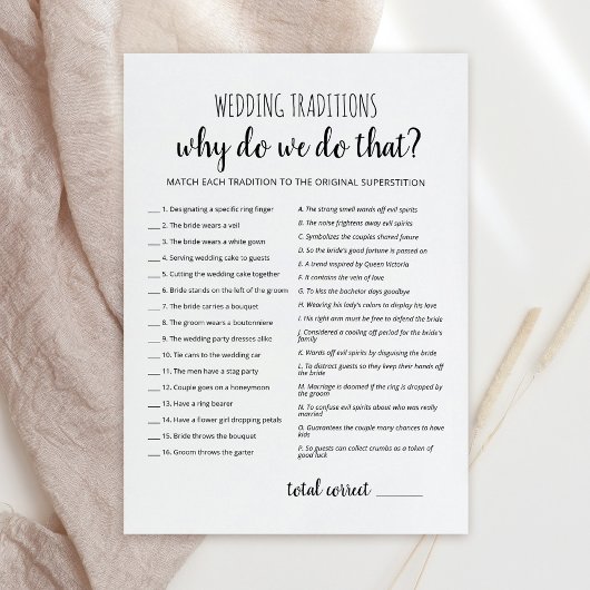Traditions de mariage avec carte de jeu de réponse
