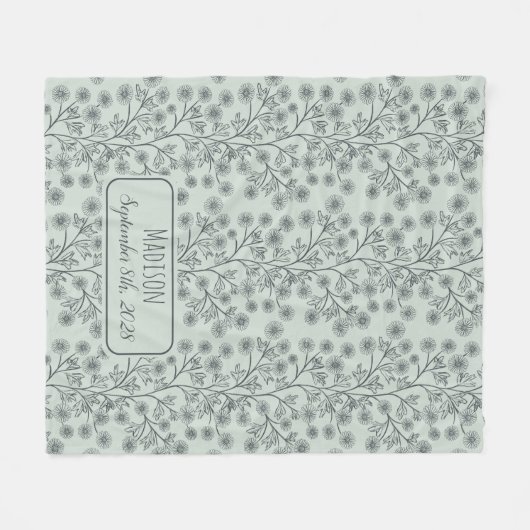 Trailing Floral Naam Geboortedatum Groene Baby Fleece Deken (Voorkant (Horizontaal))