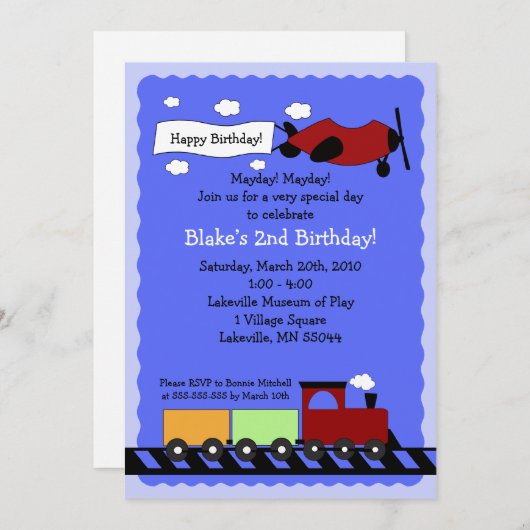 Train & Avion 5x7 mignonne invitation à l'annivers (Devant / Derrière)