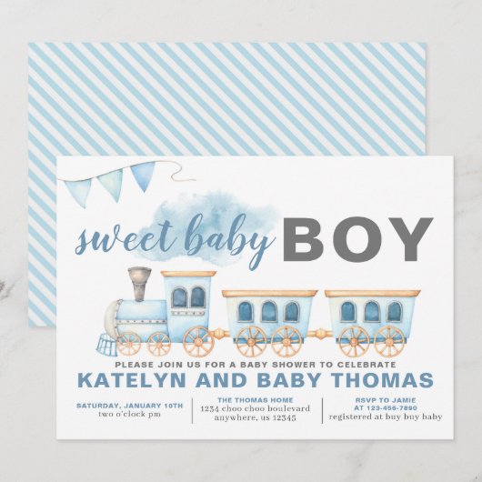 Train Baby shower Invitation Boy Transport (Devant / Derrière)