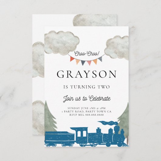 Train Birthday Invitation Boys (Devant / Derrière)