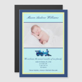 Train bleu et jaune | Faire-part de naissance phot (Devant / Derrière)